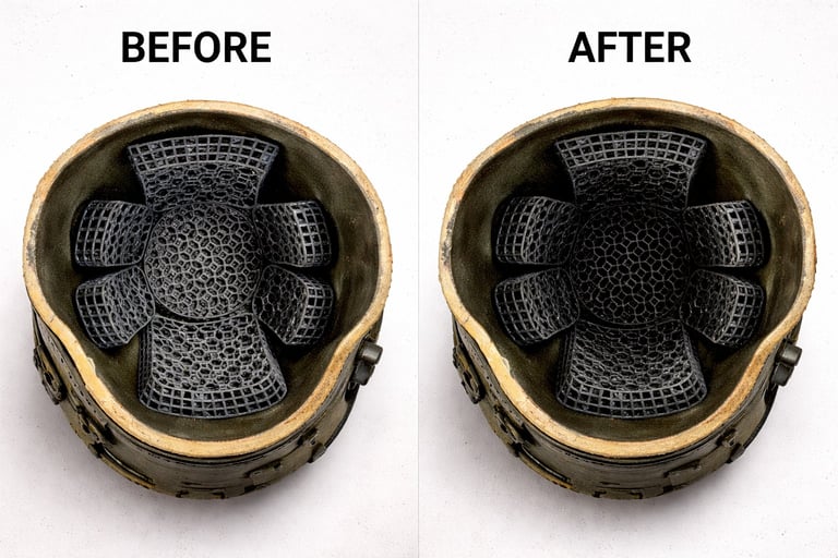 Before and after comparison of helmet interior padding restoration, showing improved mesh cushioning condition