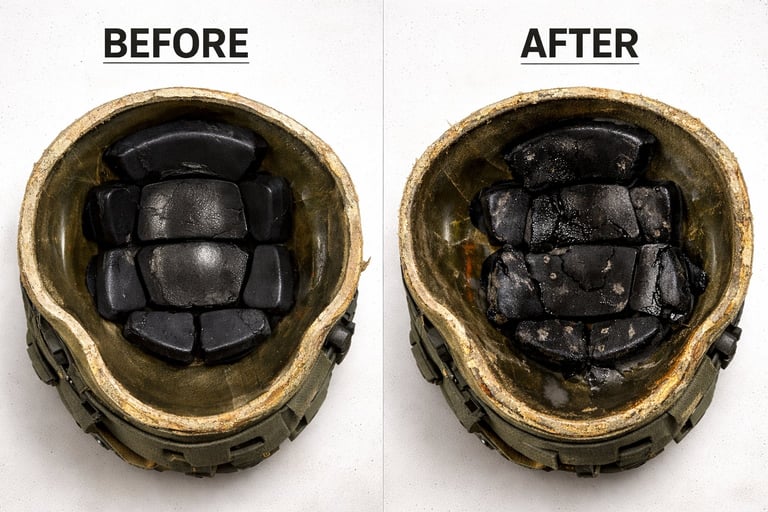 Before and after comparison of military helmet interior showing foam padding deterioration