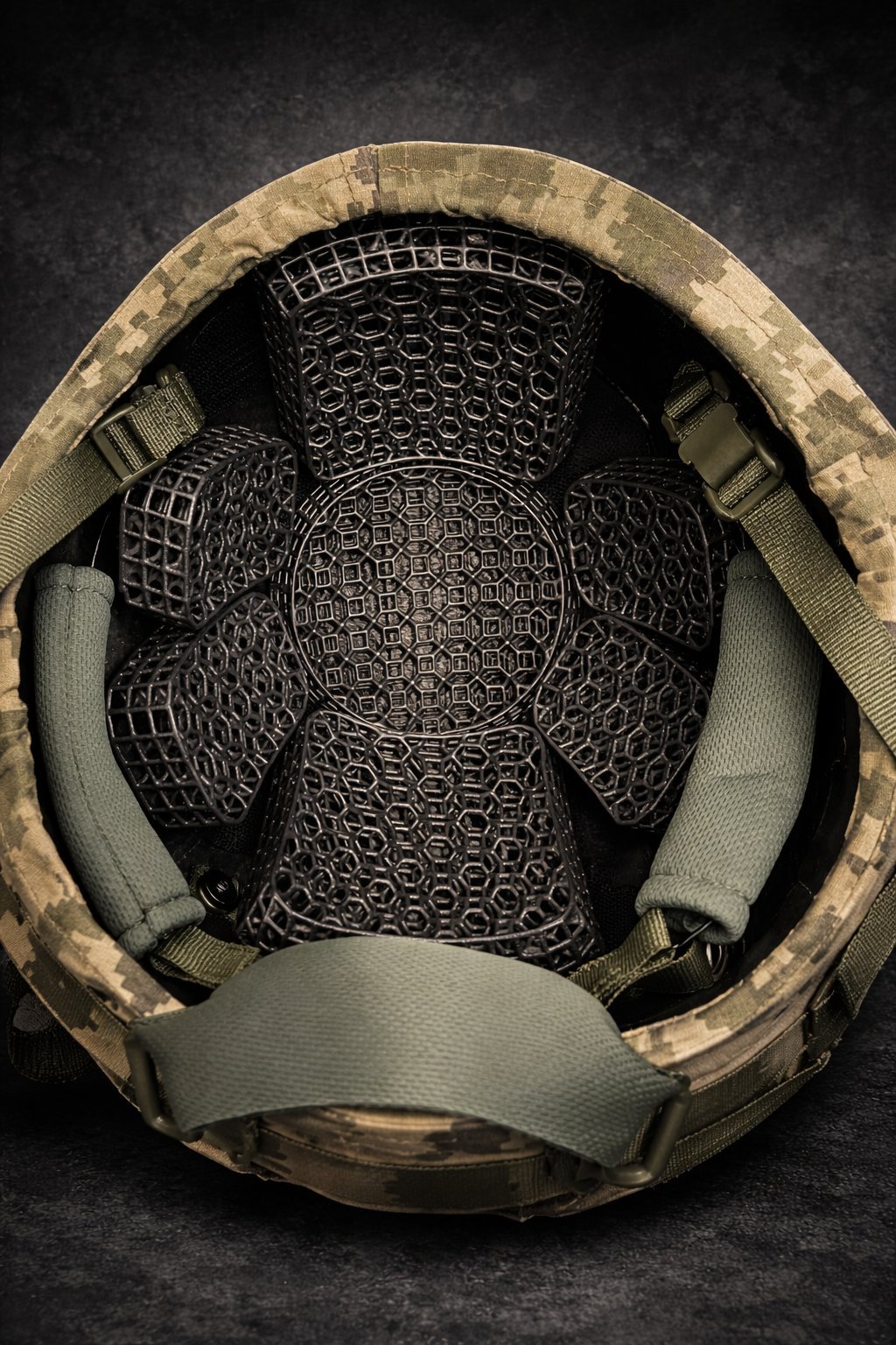 Interior view of a protective helmet showing black mesh padding and straps against a dark background