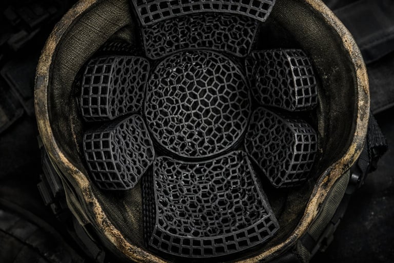 Interior view of a black motorcycle or sports helmet showing mesh ventilation panels and vents arranged in a circular pattern
