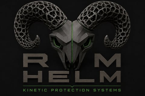 Ram Helm logo featuring a metallic helmet with large curved horns and glowing green eyes on black background
