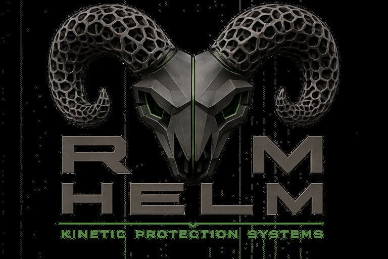 Ram Helm logo featuring a metallic ram skull with curved horns and text reading Kinetic Protection Systems on dark background